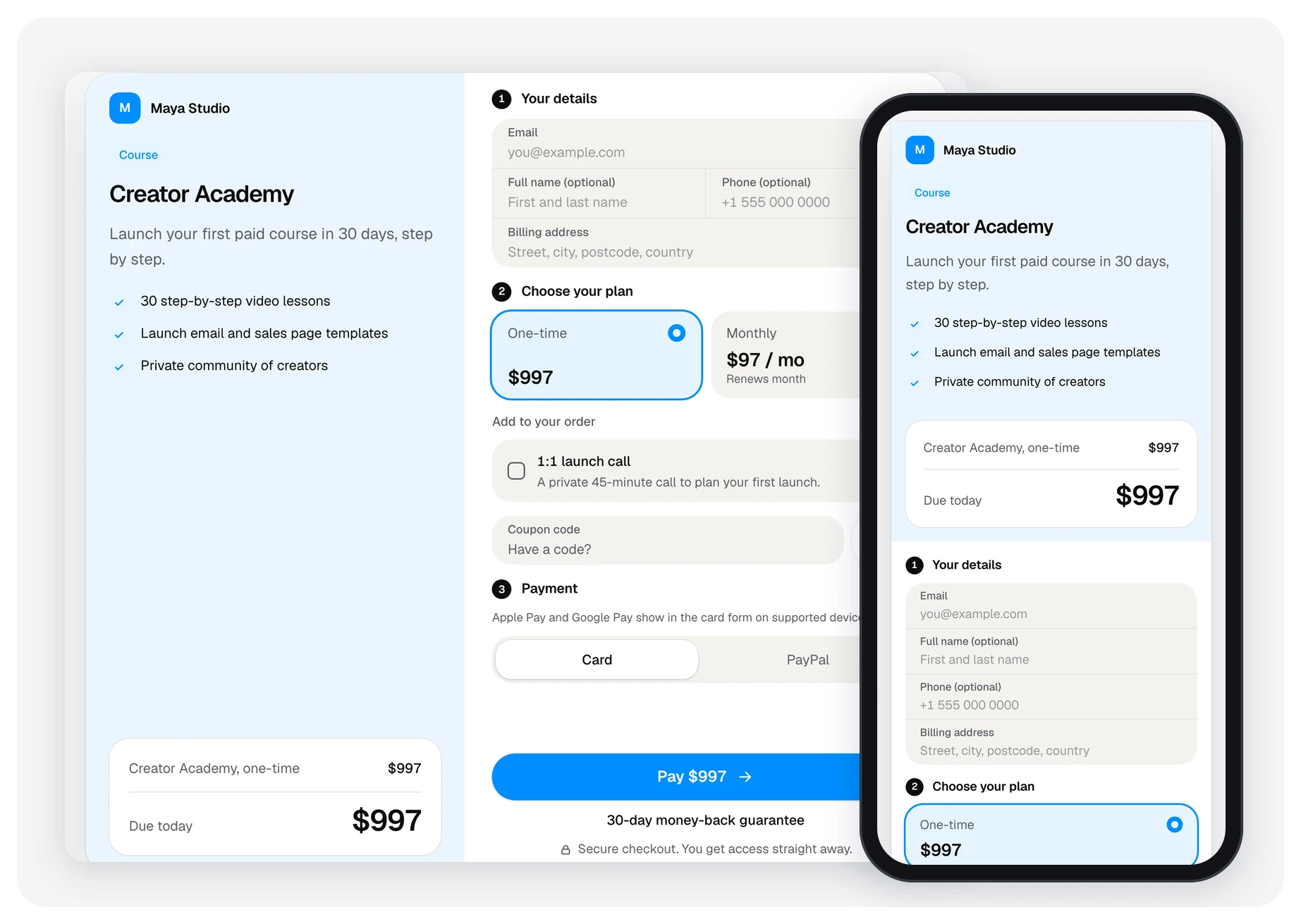 Vonza checkout page on desktop and phone, with plans, an add-on and the pay button